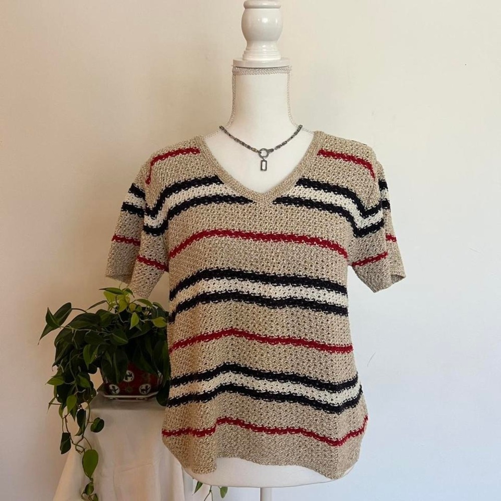 Vintage Striped Liz Claiborne Short Sleeve Light Knit Sweater Top Americana
